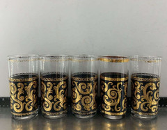 Vintage Culver Ebony Baroque Black Gold Highball Glasses Set of 5 MCM 22k Gold