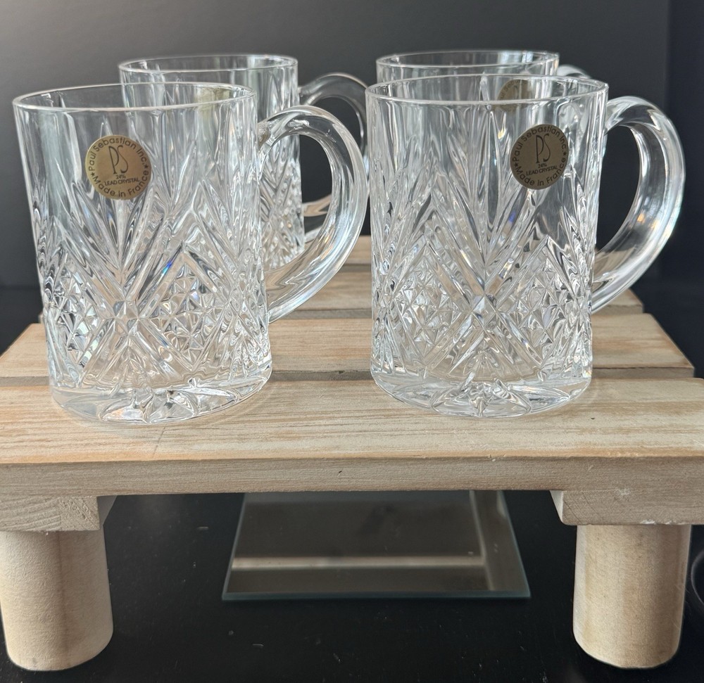 Paul Sebastian Crystal Mug Set of 4 Lead Crystal Glasses Made in France Coffee