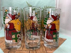 6 Vintage Anchor Hocking Seasons Greetings Santa Claus Tall Glass Tumblers NEW