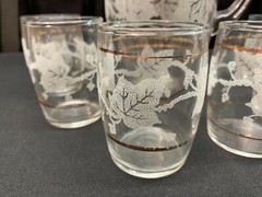 Glass Juice Pitcher Set ~ White Embossed Leaf / Gold ~ (6) Juice Glasses ~ 3″