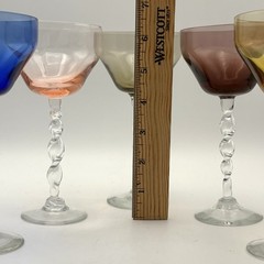 Vintage cordial glasses martini glasses with twisted stems 6.25” Multicolored