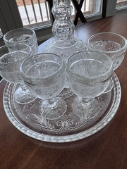 Vintage Tiara Sandwich Glass Wine Decanter+ 5 Wine Glasses+Platter-Crystal Clear