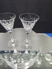 (2) Cordial 4-5/8″ Glasses Crystal Seneca «Stratford» cut dots & fans