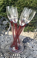 Bouquet of 6 Baseless Champagne Toasting Flutes + Clear Holding Vase /Red Stems