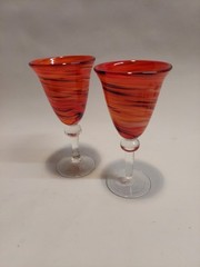 Blown Glass Art Glass Red Swirl 8” Stemmed Goblets Set Of 2