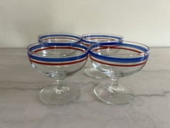 Set Of 4 Red Blue Stripe Americana Footed Glass Sherbet Dessert Glasses Vintage