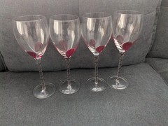 Pier 1 Hand Blown Wine Glasses Red Laced Ribbon Stem 9″ Set Of 4