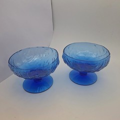 Vtg MCM Morgantown Crinkle Glass Cobalt Blue Footed Bowl SET of 2 Daiquiri