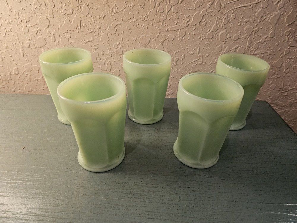 Vintage Set Of 5 Fenton Jadeite Paneled Water Glasses-Excellent