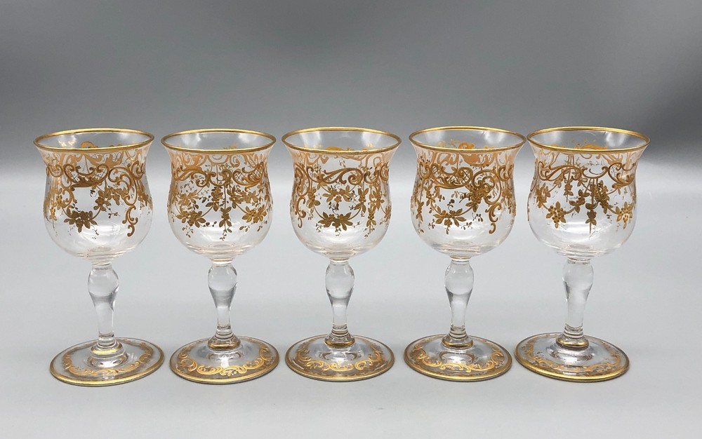 Antique Raised Gilding Gold Flower Swag Drape Cordial Liqueur Glass Stems Set 5