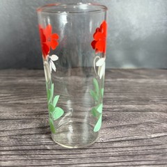 Vintage Hazel Atlas Red & White Floral Glass Tumbler Double Flower Red Green