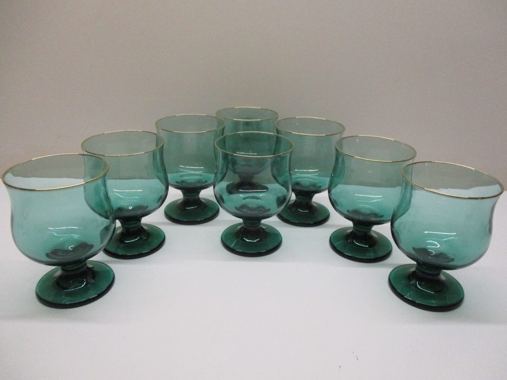 Set Of 9 Libbey Juniper Green Tulip Glasses Water~Wine~Rocks Goblets Gold Trim