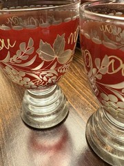 2 Antique Bohemian Engraved Red Cut To Clear Cordial/Shot Glasses