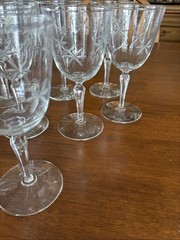 9 Libbey Rock Sharpe Candlelight Cut Atomic Star Stem 7” Water Goblet(s) MCM EUC