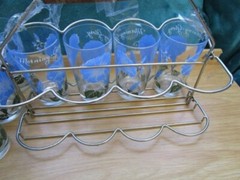 Vintage 8 Peanut Butter 5″ Glasses Blue White Morning Glory w Teakwood Carrier