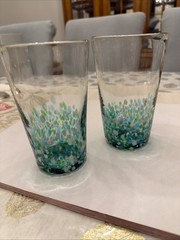 Set of 2 Hand Blown Blue Green Confetti High Ball Glasses 5.75 Inches Tall
