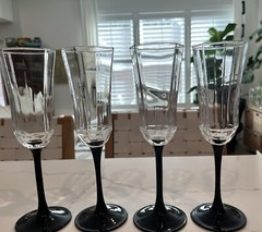 VTG France Luminarc Octime Crystal Black Stem Champagne Flutes Wine Glass Set/4