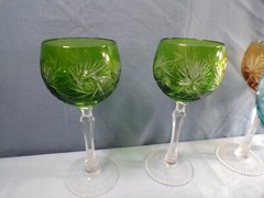 8 Bohemian Cut-to-Clear Crystal Wine Hocks Goblets Green Blue Cranberry Amber