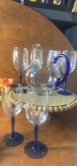 Vtg Lenox Cobalt Blue Stem 6 Wine Glass Goblet Swag Drape Gold Rim + Pitcher