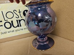 Stunning Blue Glass Pedestal Jar Floral Gold Trimmed 12″ Tall **SEE PICS**