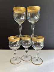 5 Ransgil Rambler Rose Optic Clear Cordial Wine Glasses 5.25″ Gold Rim