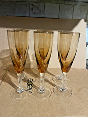 6 Amber Champagne Flutes Bell Shape Glasses W/ Clear Stems Holds 8oz.