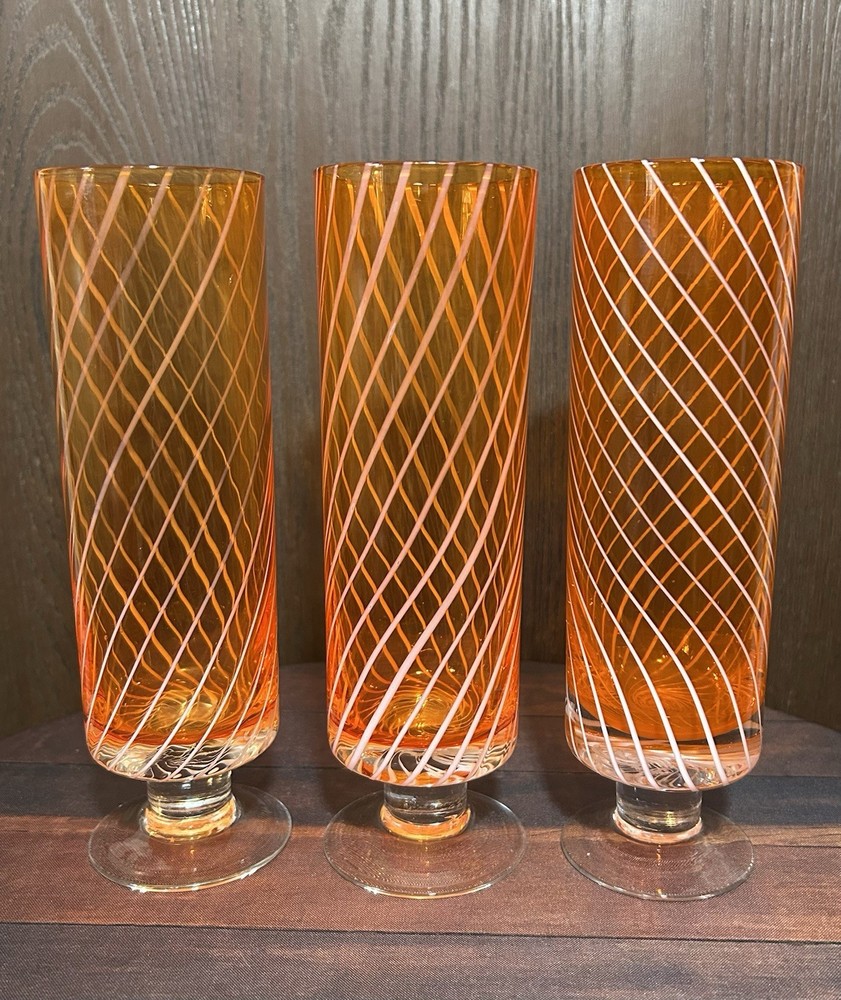 3 Mid Century Modern Stemmed Orange White Swirl Handblown Highball Glasses Set