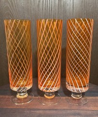 3 Mid Century Modern Stemmed Orange White Swirl Handblown Highball Glasses Set