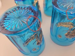 6 Antique Vintage Northwood Glass Blue Oriental Poppy Gold Tumblers 4 1/4″ Tall