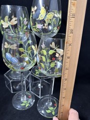 Lenox Butterfly Meadow Hand Painted Wine Glasses Ladybug Flowers Four (4) 9”