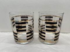 Rare 2 Signed Culver Double Old Fashioned Glasses Gold & Black USA