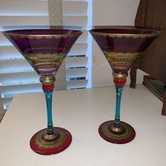 Pier 1 Festive Hand Painted Jewel Tones 2 Martini Glasses Magenta, Teal, Gold