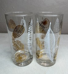 Set of 7 Vintage Mid Century Modern White & Gold Leaf Highball Glasses Tumblers