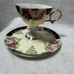 Vintage Shafford Japan Pedestal Teacup & Saucer Set Black Gold Roses Lusterware