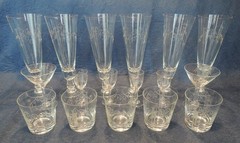 1950’s Vintage Noritake Sasaki Etched Bamboo Crystal Stemware, 16 Pieces