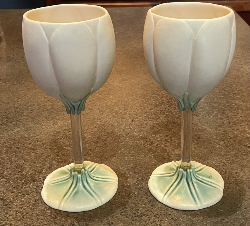 2 Newman Ceramic Works Tulip Wine Goblets Unused Lovely Cream and Green Signed