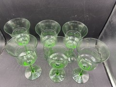 Set of 6 Green Uranium Glass Wine Goblets Stemware UV Reactive Vintage Glass
