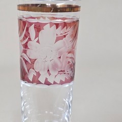 Bohemian Pink Cut To Clear VTG Cordial Glasses Set 6 Gold Trim Etched Crystal