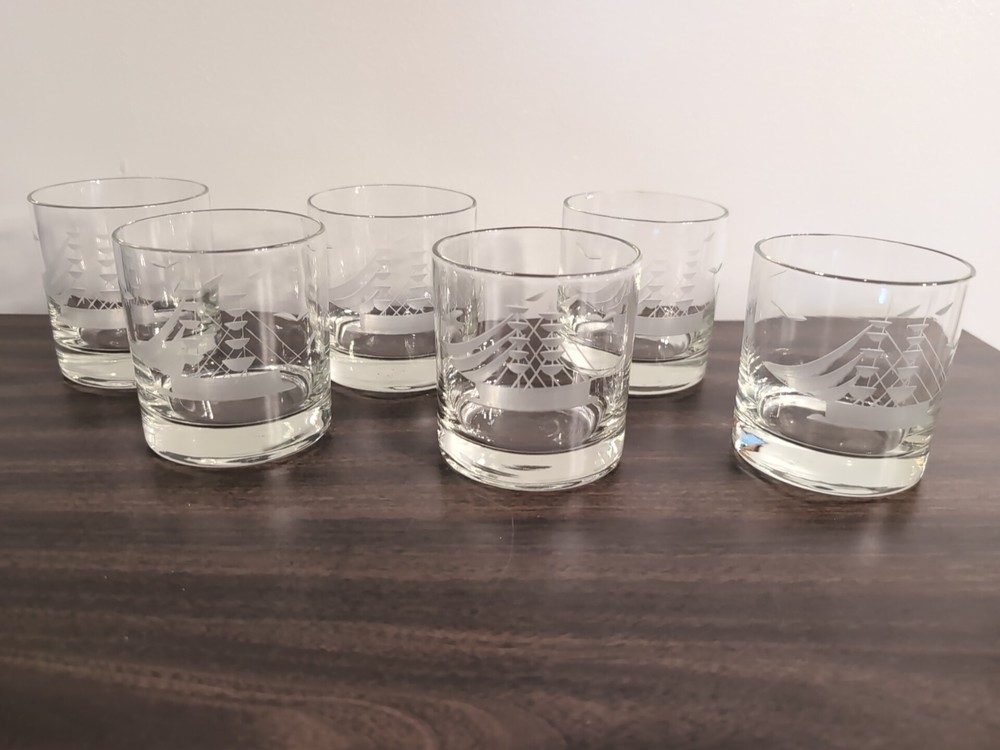 Vtg Etched Rock Glasses. Seagulls & Nautical Clipper Ship. 6. See Description