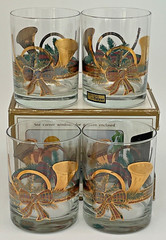 VTG 4 Set CULVER Yule Horn Bow Holiday Rocks Old Fashioned Glasses 14oz 22k Gold