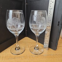 Animal etched wine glasses, SET of 2, Elephant, Buffalo 7 1/2″ unknown mark