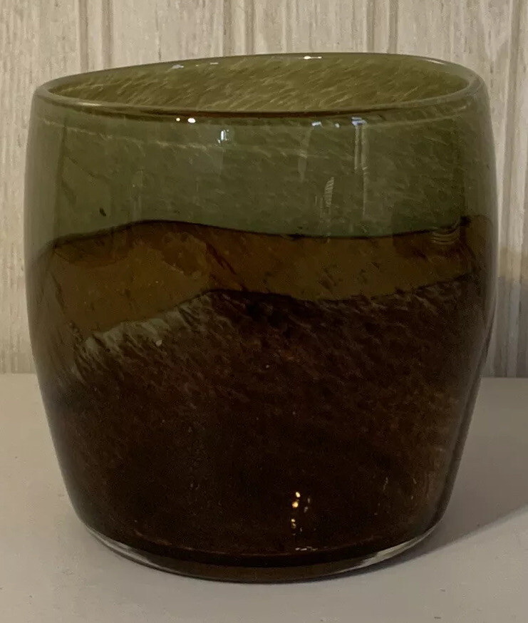 Heavy Green, Gold and Brown Art Glass Short Glass Tumbler