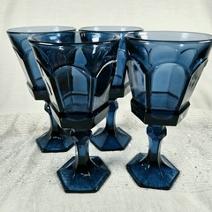 Set of (4) Vintage Fostoria Virginia Dark Blue Wine/Water Goblets – 7.25″H