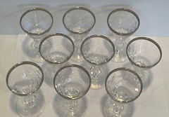 Cordial Glasses Crystal Etched W/ Silver Rim Set of 9