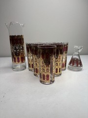 Vintage MCM Culver Cranberry Scroll 22Kt Told Filigree Highball 6 & Pitcher