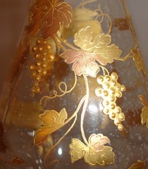 Moser Style Gilt Glass Decanter with Hand Painted Grape Leaf Decoration