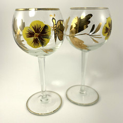 Hand Painted Gold Trim MCM Claret Wine Glass (2) Romanian Butterfly Yellow Pansy