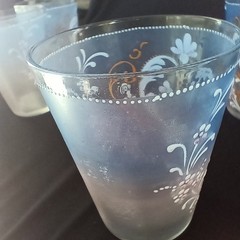 Vintage Enameled Hand Blown Painted Glass Tumbler Set 4 Blue Pink Flowers AS IS