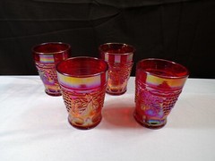 Set of 4 Joe St. Clair Red Carnival Glass Grape & Cable Tumblers