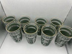 9-PC Hazel Atlas Wedgewood Green Egyptian Tumblers 8 Cups And Carrier RARE Set